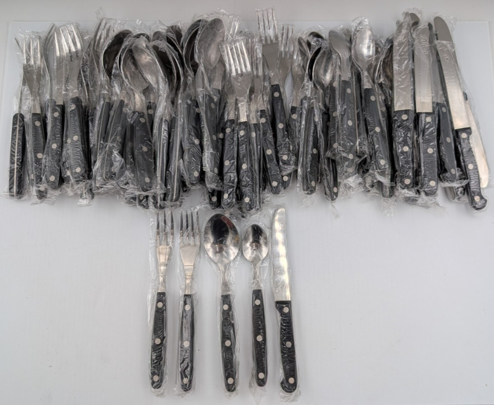 Ronco Showtime 79 Pc Flatware Set Stainless Steel Black Riveted Handles